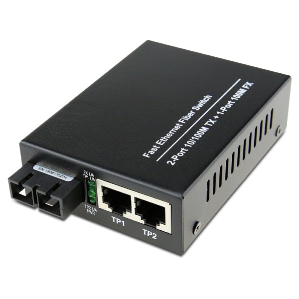 Dual Fiber 10/100Base-TX to 100Base-LX Fast Ethernet Standalone Fiber Media Converter, 1-port Fiber & 2-port RJ45, 1310nm Singlemode, 20km