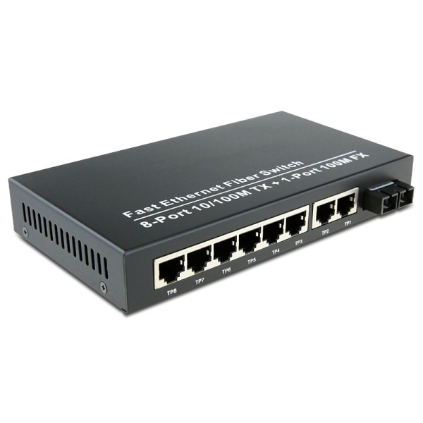 Dual Fiber 10/100Base-TX to 100Base-LX Fast Ethernet Standalone Fiber Media Converter, 1-port Fiber & 8-port RJ45, 1310nm Singlemode, 20km