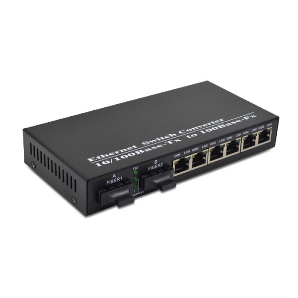 Dual Fiber 10/100Base-TX to 100Base-LX Fast Ethernet Standalone Fiber Media Converter, 2-port Fiber & 6-port RJ45, 1310nm Singlemode, 20km