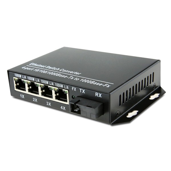 Single Fiber Gigabit Ethernet WDM / BiDi Fiber Media Converter, 1-port Fiber & 4-port RJ45, Tx:1550nm/Rx:1310nm, Singlemode, 40km