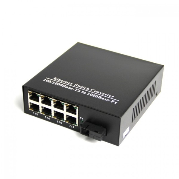 Single Fiber Gigabit Ethernet WDM / BiDi Fiber Media Converter, 1-port Fiber & 8-port RJ45, Tx:1310nm/Rx:1550nm, Singlemode, 20km