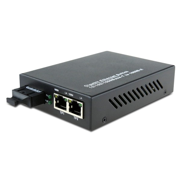 Dual Fiber 10/100/1000Base-TX to 1000Base-LX Gigabit Ethernet Standalone Fiber Media Converter, 1-port Fiber & 2-port RJ45, 1310nm Multimode, 2km