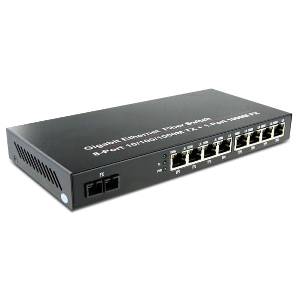 Dual Fiber 10/100/1000Base-TX to 1000Base-EX Gigabit Ethernet Standalone Fiber Media Converter, 1-port Fiber & 8-port RJ45, 1310nm Singlemode, 40km