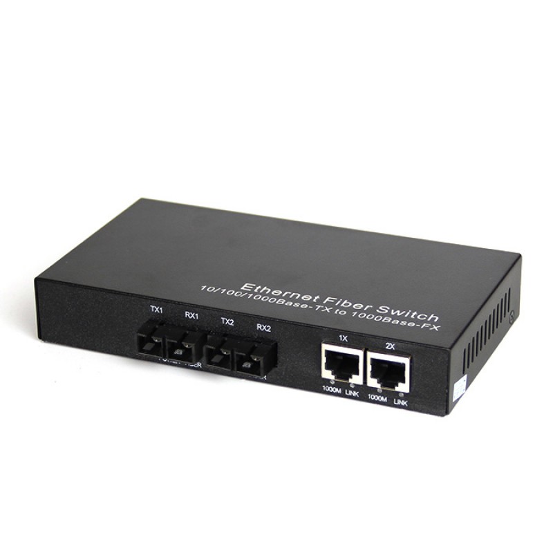 Dual Fiber 10/100/1000Base-TX to 1000Base-LX Gigabit Ethernet Standalone Fiber Media Converter, 2-port Fiber & 2-port RJ45, 1310nm Multimode, 2km