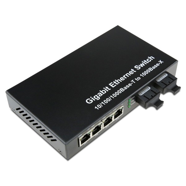 Dual Fiber 10/100/1000Base-TX to 1000Base-LX Gigabit Ethernet Standalone Fiber Media Converter, 2-port Fiber & 4-port RJ45, 1310nm Multimode, 2km