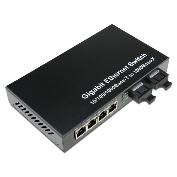 Dual Fiber 10/100/1000Base-TX to 1000Base-LX/LH Gigabit Ethernet Standalone Fiber Media Converter, 2-port Fiber & 4-port RJ45, 1310nm Singlemode, 10km